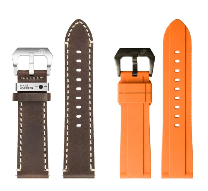 快拆雙錶帶組（深棕皮帶＋橘色橡膠錶帶）